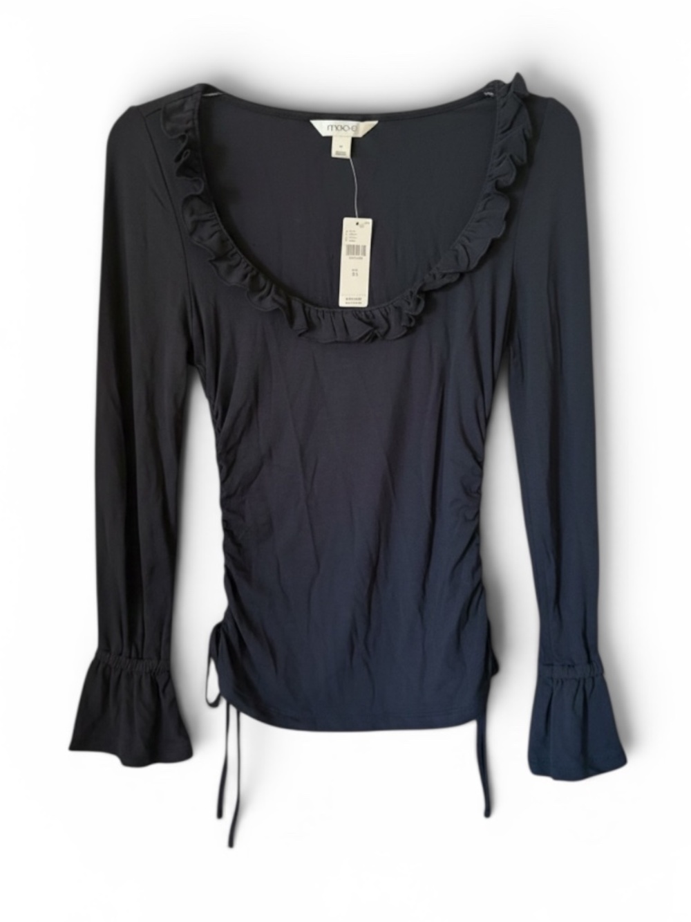 NWT Maeve Long-Sleeve Scoop-Neck Ruched Top | Black | XS